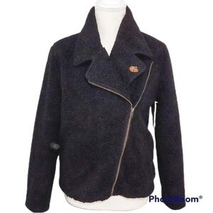 OBEY No89 Trendy Soft black diagonal zipper artic sherpa fleece moto jacket